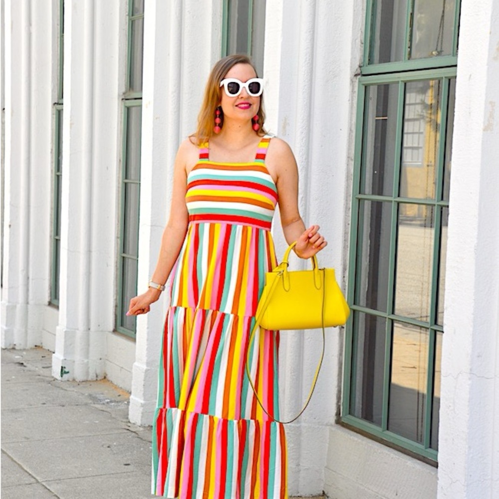 J. Crew Rainbow Striped Tiered Maxi Dress XS Colorful Flowy Pockets Midi Cotton